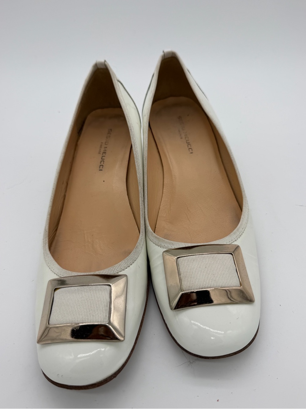 Sesto Meucci White Patent Leather Flats with Silver-Tone Buckle